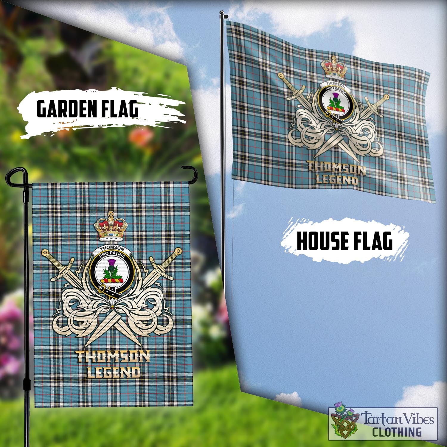 Thomson Tartan Flag with Clan Crest and the Golden Sword of Courageous