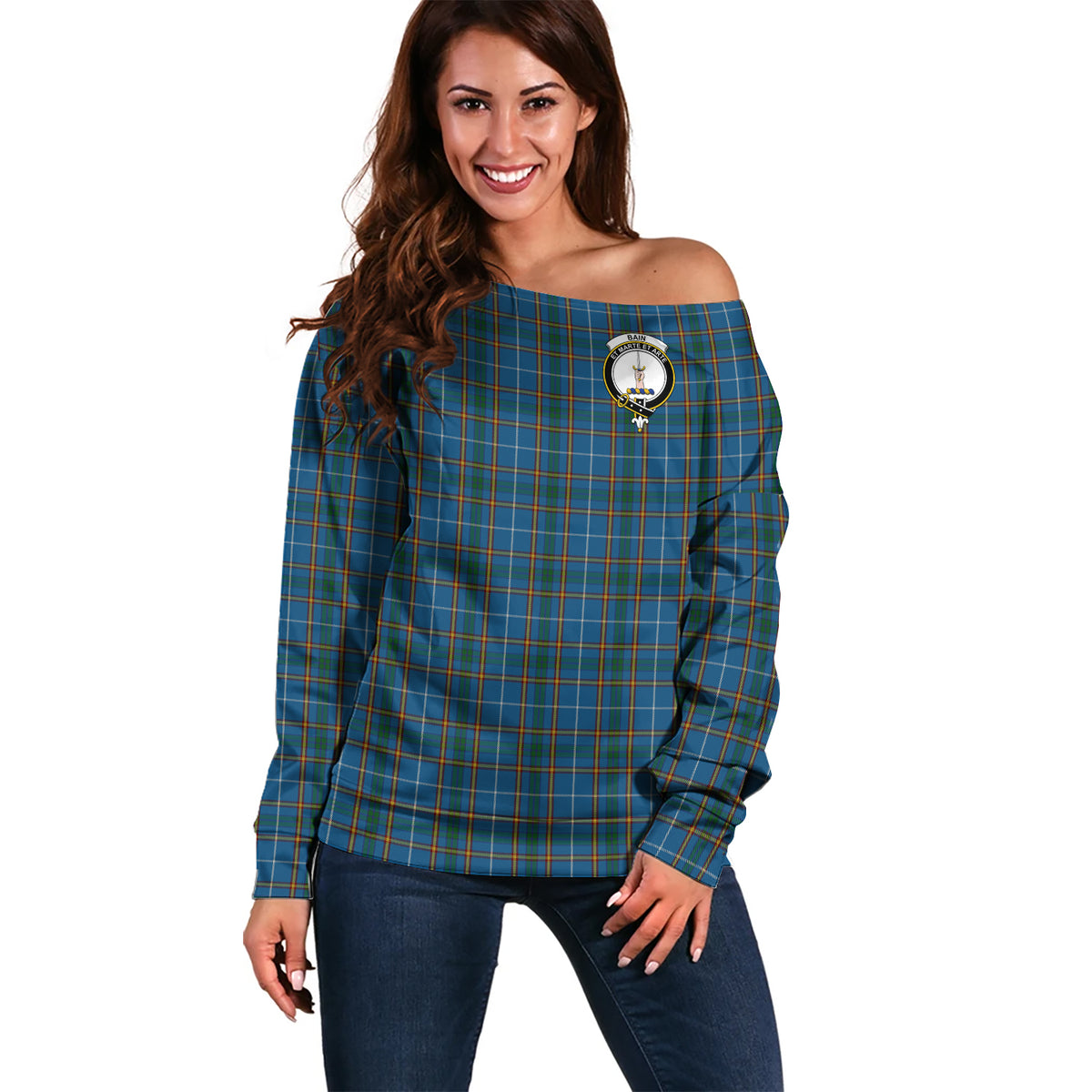 Bain Tartan Off Shoulder Women Sweater with Family Crest Women - Tartan Vibes Clothing
