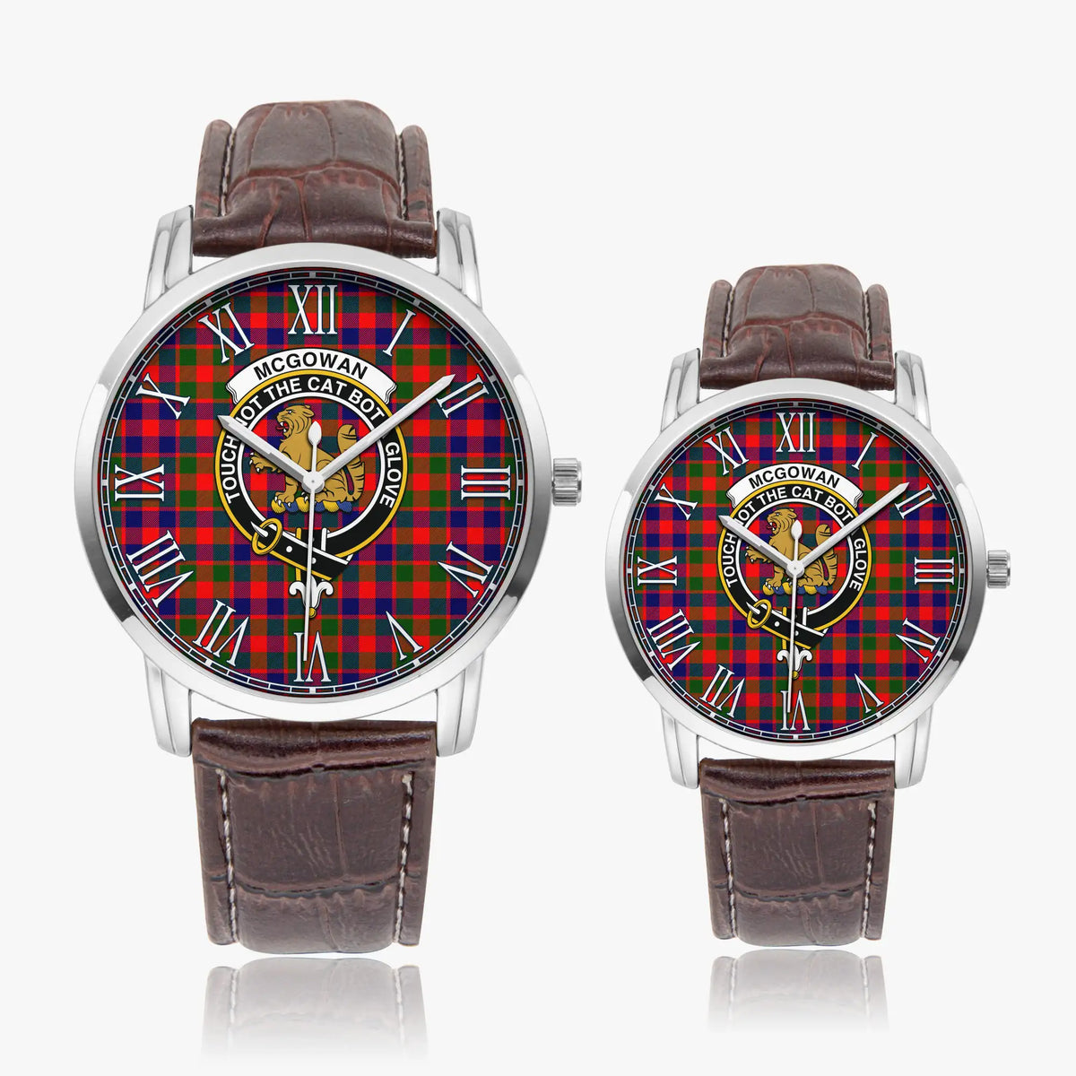 McGowan Tartan Family Crest Leather Strap Quartz Watch Wide Type Silver Case With Brown Leather Strap - Tartan Vibes Clothing