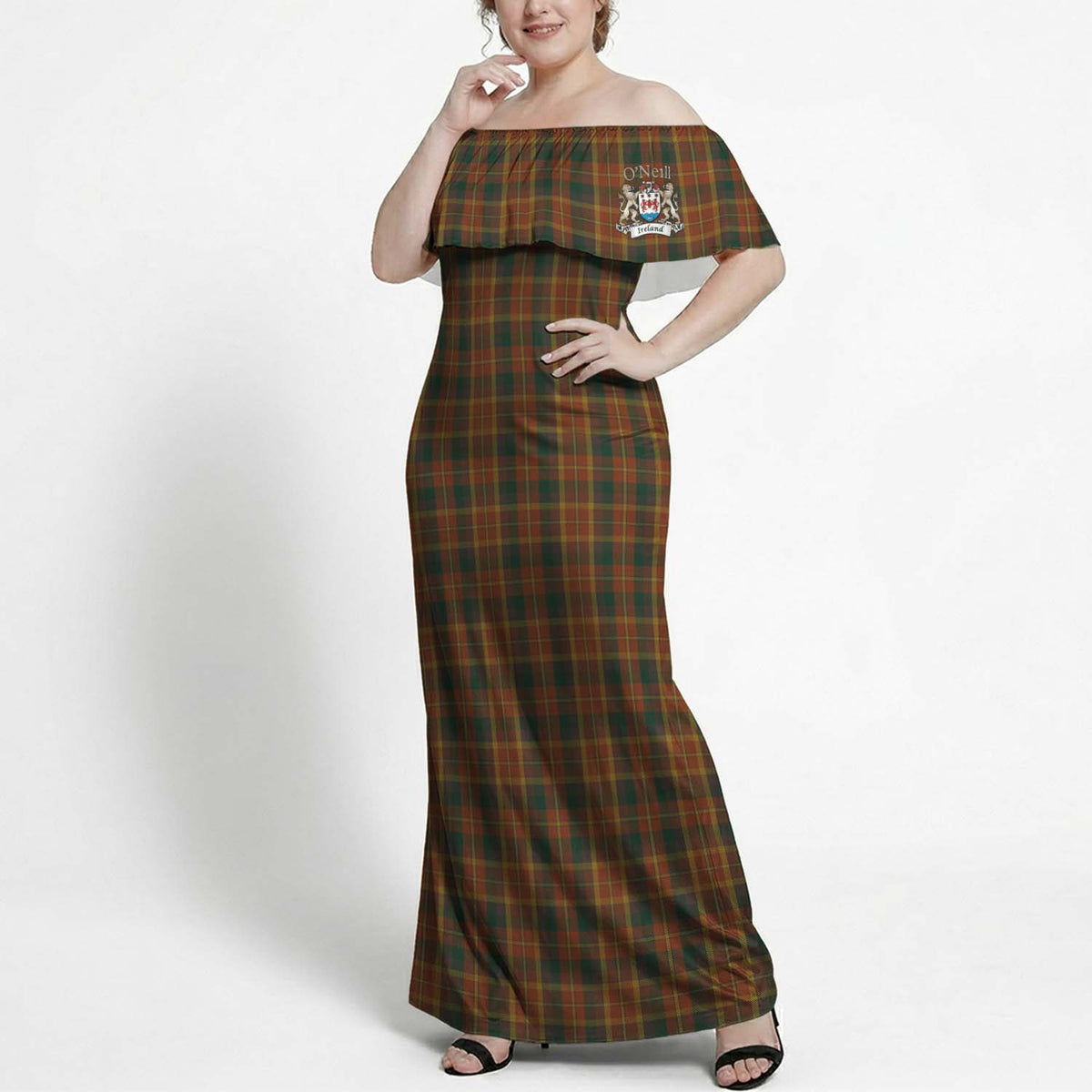 (Customer's Request) O'Neill Crest & County Monaghan Tartan Off Shoulder Ruffle Maxi Dress 10XL - Tartan Vibes Clothing