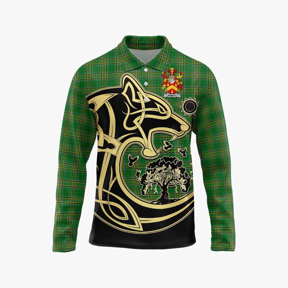 Tartan Vibes Clothing Abbott Irish Tartan Long Sleeve Polo Shirt with Coat of Arms Celtic Wolf Style