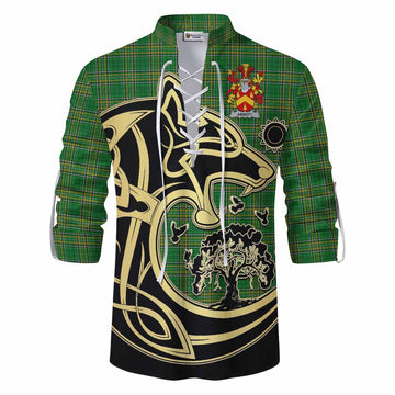 Abbott Irish Tartan Ghillie Kilt Shirt with Coat of Arms Celtic Wolf Style