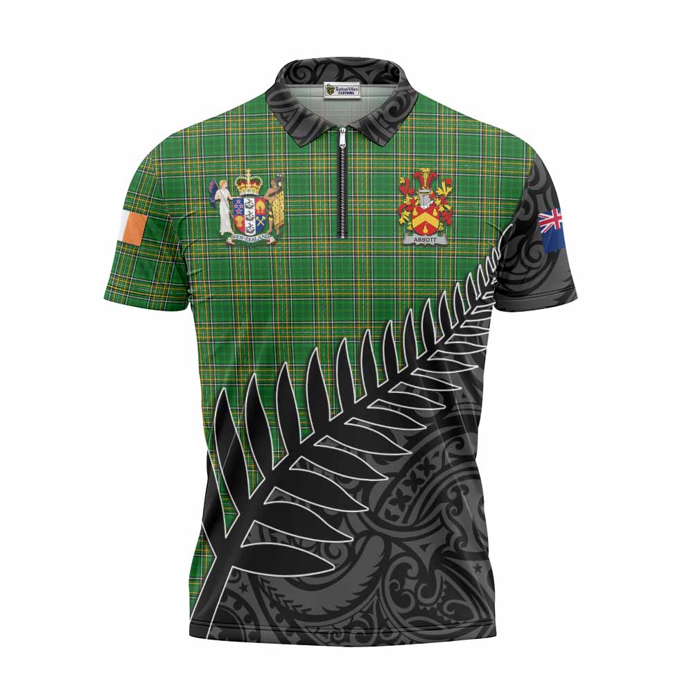 Tartan Vibes Clothing Abbott Irish Clan Tartan Zipper Polo Shirt with Coat of Arms New Zealand Silver Fern Half Style