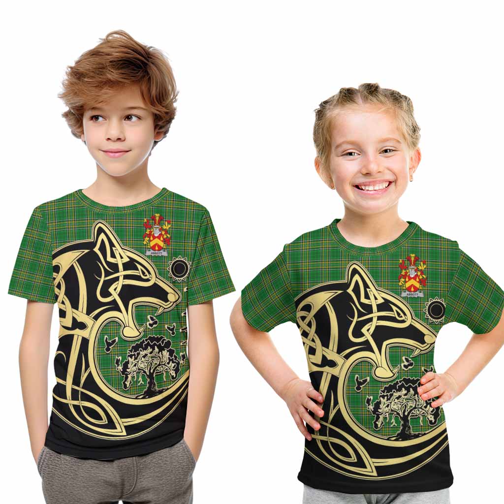 Tartan Vibes Clothing Abbott Irish Tartan Kid T-Shirt with Coat of Arms Celtic Wolf Style