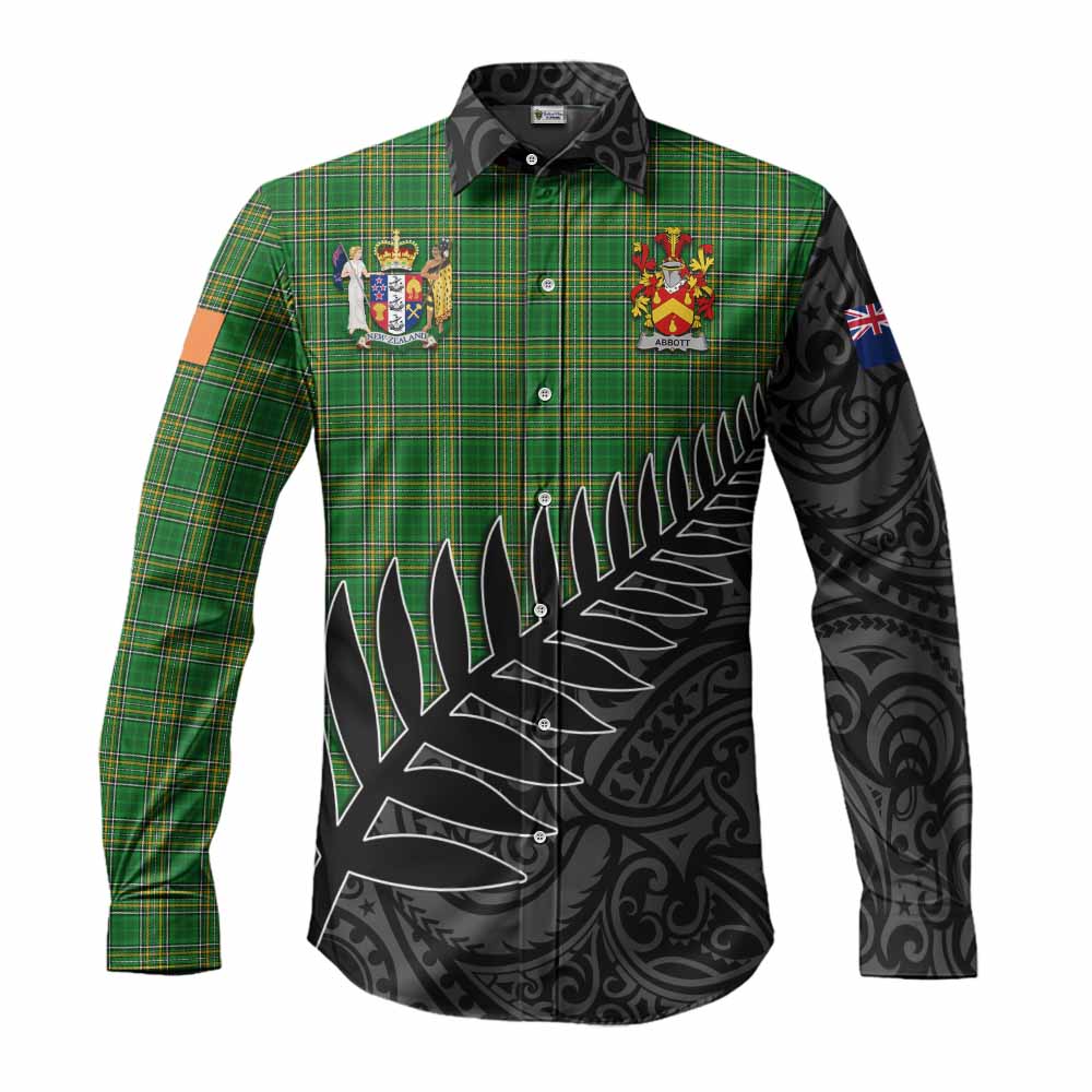 Tartan Vibes Clothing Abbott Irish Clan Tartan Long Sleeve Button Shirt with Coat of Arms New Zealand Silver Fern Half Style