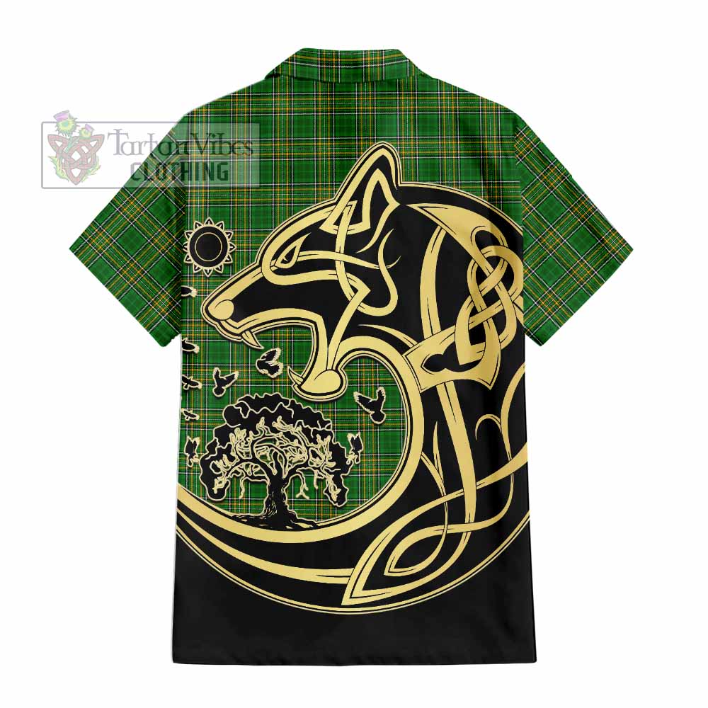 Tartan Vibes Clothing Abbott Irish Tartan Short Sleeve Button Shirt with Coat of Arms Celtic Wolf Style