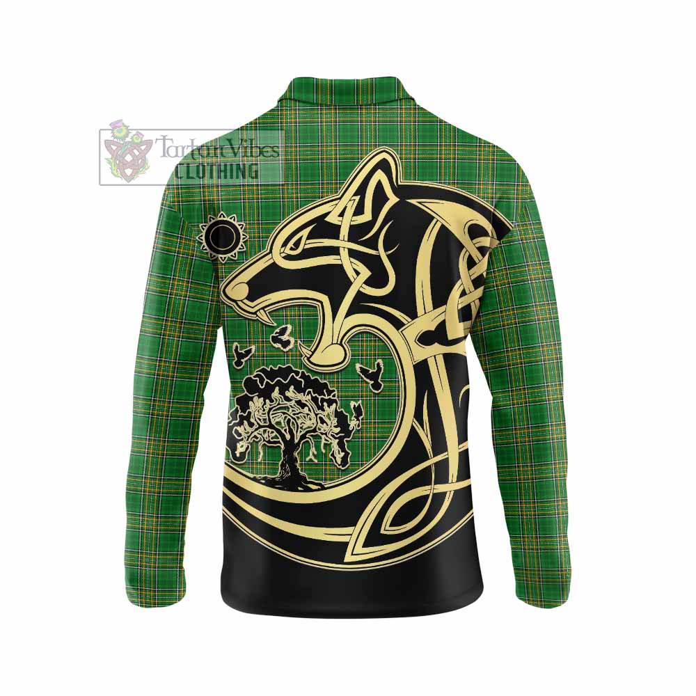 Tartan Vibes Clothing Abbott Irish Tartan Long Sleeve Polo Shirt with Coat of Arms Celtic Wolf Style