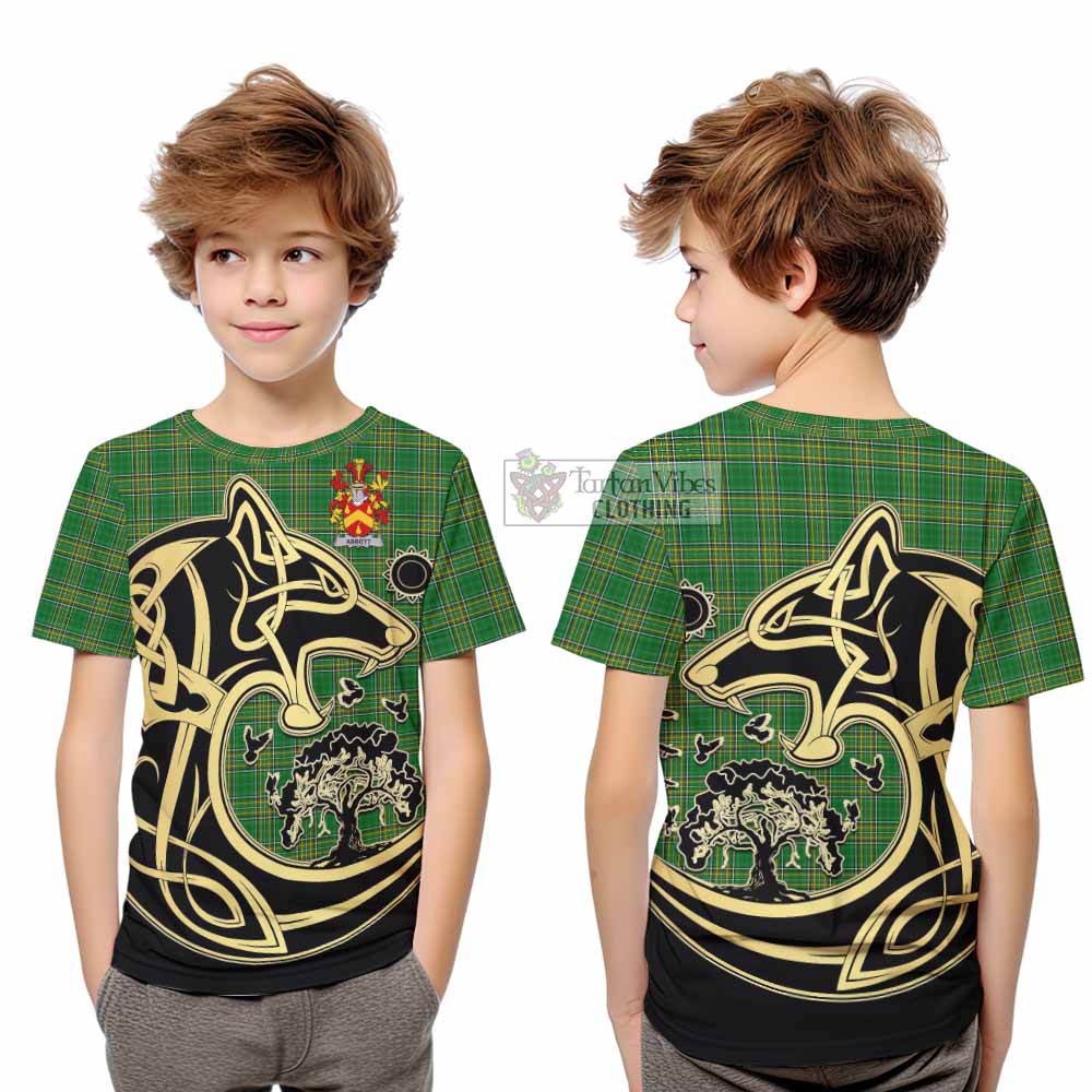 Tartan Vibes Clothing Abbott Irish Tartan Kid T-Shirt with Coat of Arms Celtic Wolf Style