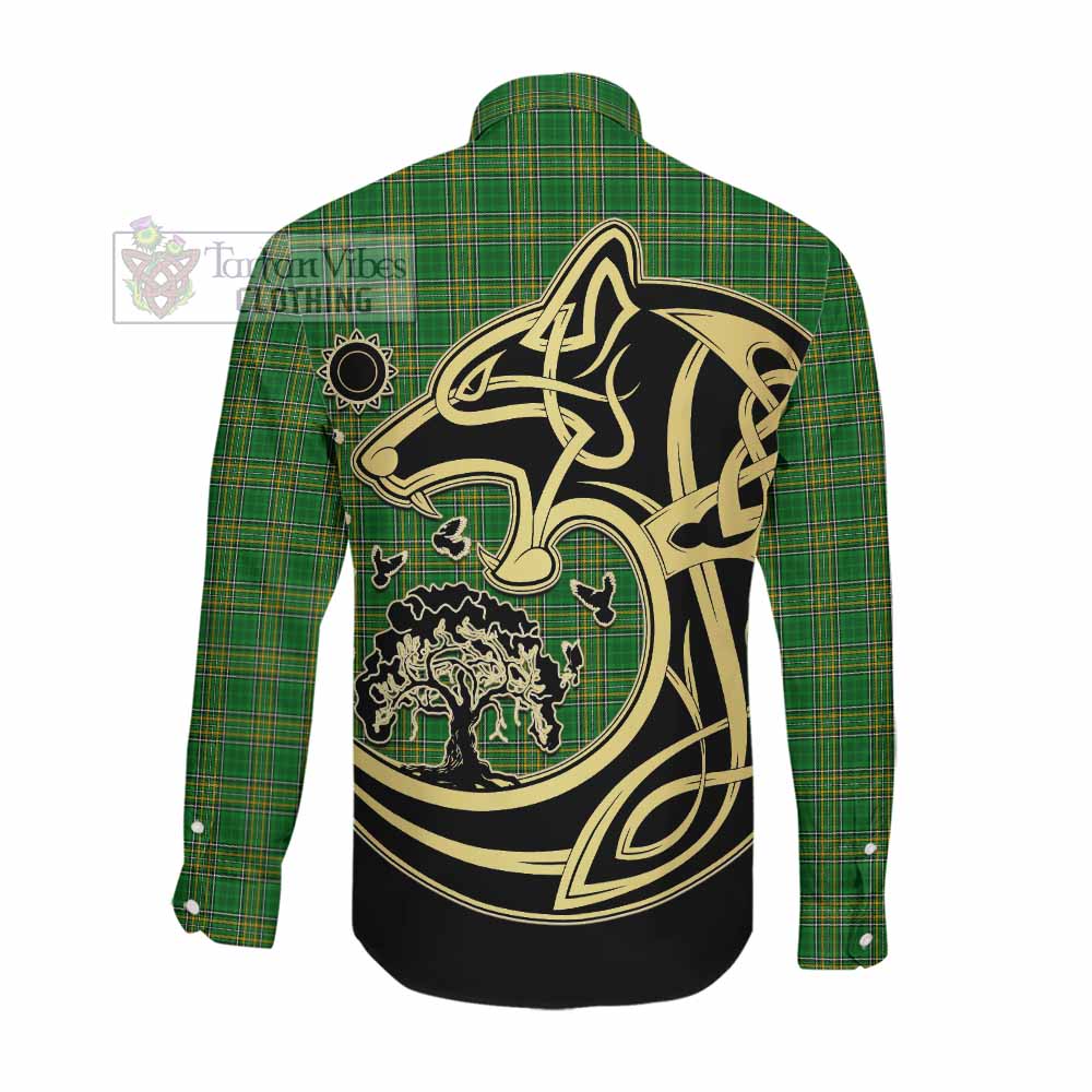 Tartan Vibes Clothing Abbott Irish Tartan Long Sleeve Button Shirt with Coat of Arms Celtic Wolf Style