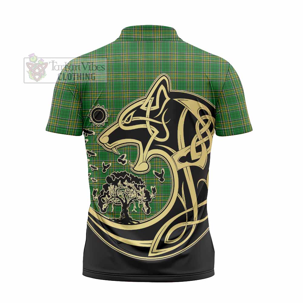 Tartan Vibes Clothing Abbott Irish Tartan Zipper Polo Shirt with Coat of Arms Celtic Wolf Style