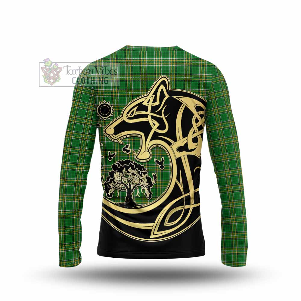 Tartan Vibes Clothing Abbott Irish Tartan Long Sleeve T-Shirt with Coat of Arms Celtic Wolf Style