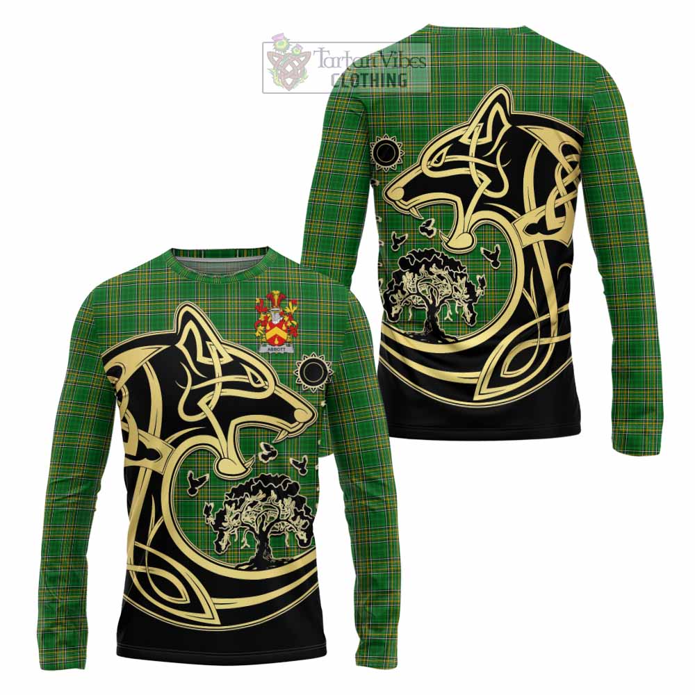 Tartan Vibes Clothing Abbott Irish Tartan Long Sleeve T-Shirt with Coat of Arms Celtic Wolf Style