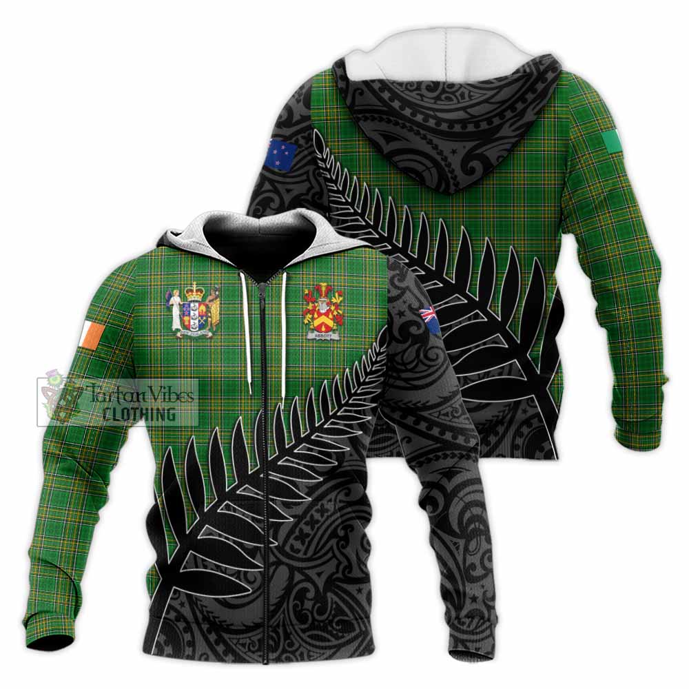 Tartan Vibes Clothing Abbott Irish Clan Tartan Knitted Hoodie with Coat of Arms New Zealand Silver Fern Half Style