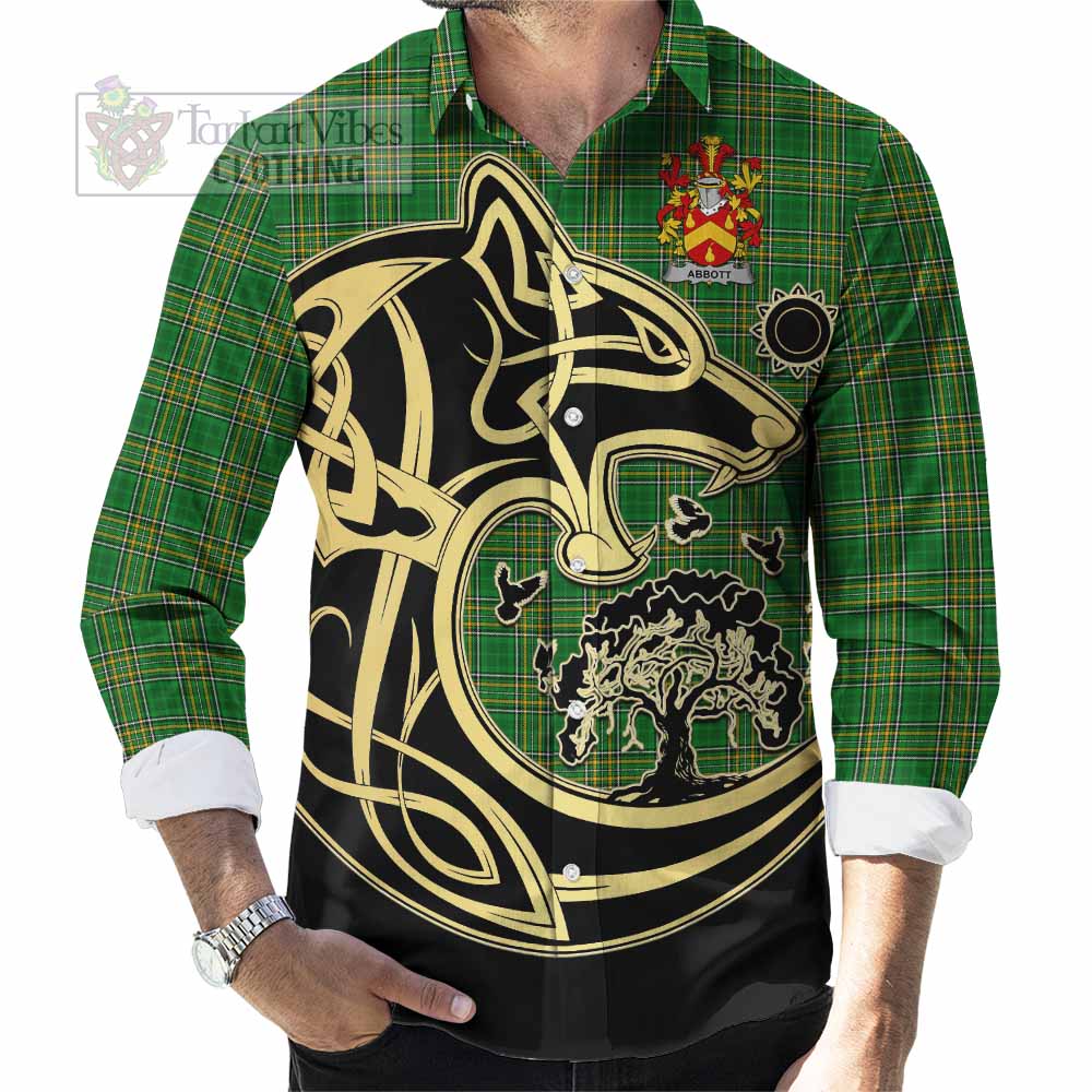 Tartan Vibes Clothing Abbott Irish Tartan Long Sleeve Button Shirt with Coat of Arms Celtic Wolf Style