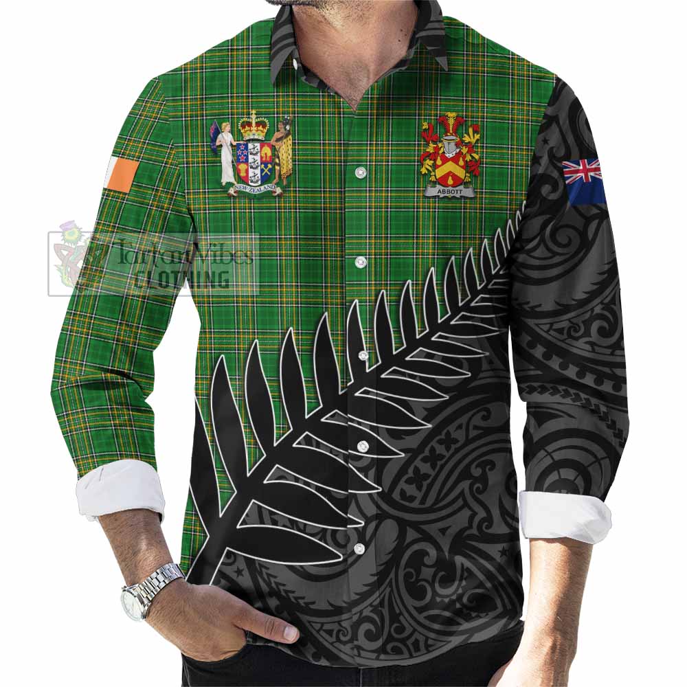 Tartan Vibes Clothing Abbott Irish Clan Tartan Long Sleeve Button Shirt with Coat of Arms New Zealand Silver Fern Half Style