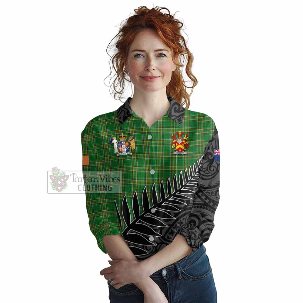 Tartan Vibes Clothing Abbott Irish Clan Tartan Women's Casual Shirt with Coat of Arms New Zealand Silver Fern Half Style