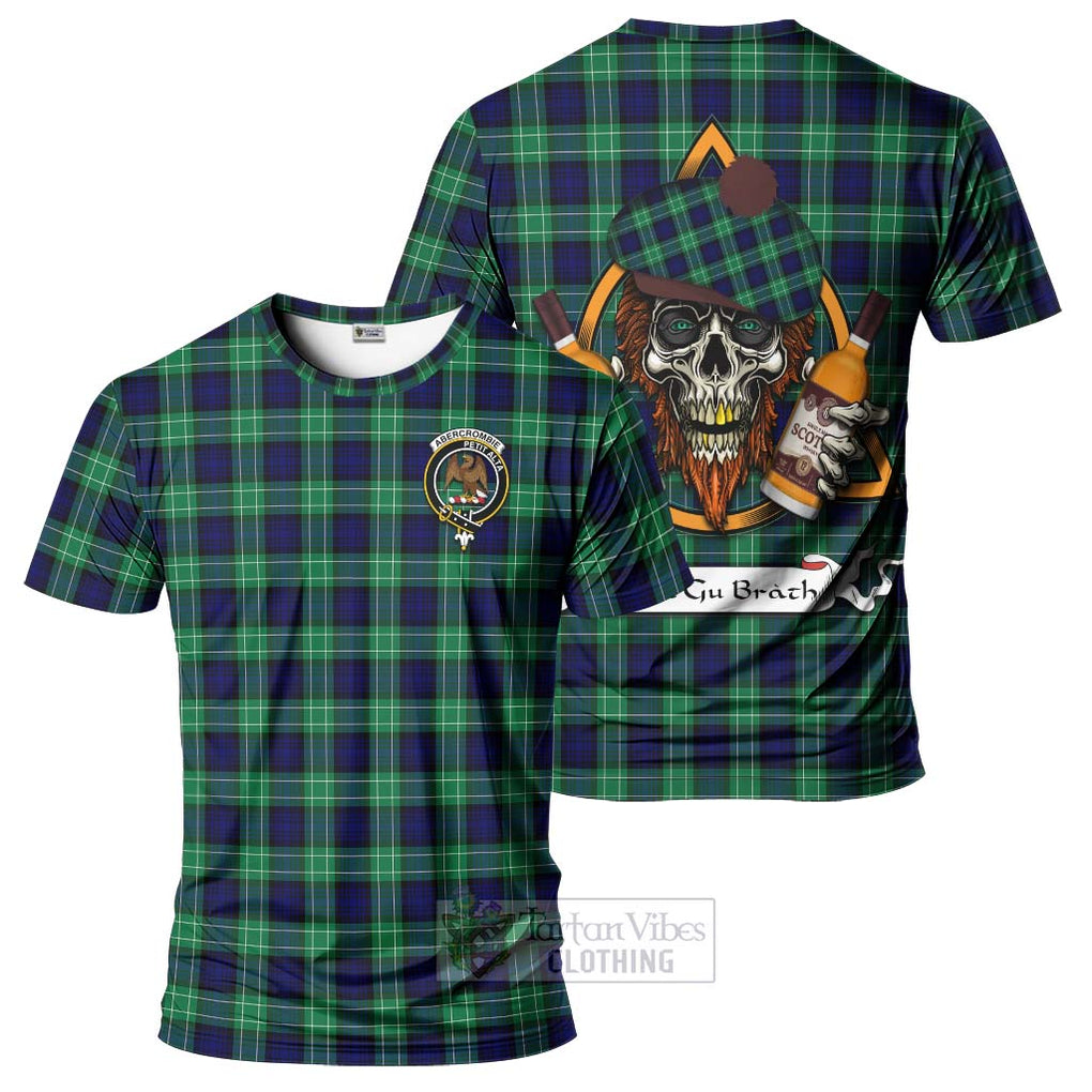 Tartan Vibes Clothing Abercrombie Tartan T-Shirt with Family Crest and Bearded Skull Holding Bottles of Whiskey