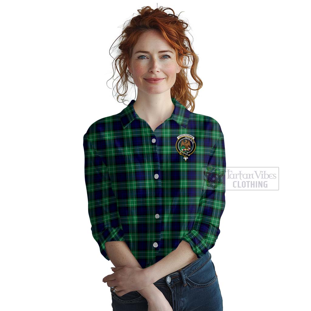 Tartan Vibes Clothing Abercrombie Tartan Women's Casual Shirt with Family Crest and Bearded Skull Holding Bottles of Whiskey