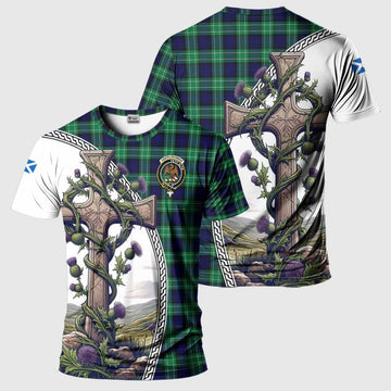 Abercrombie Tartan T-Shirt with Family Crest and St. Andrew's Cross Accented by Thistle Vines