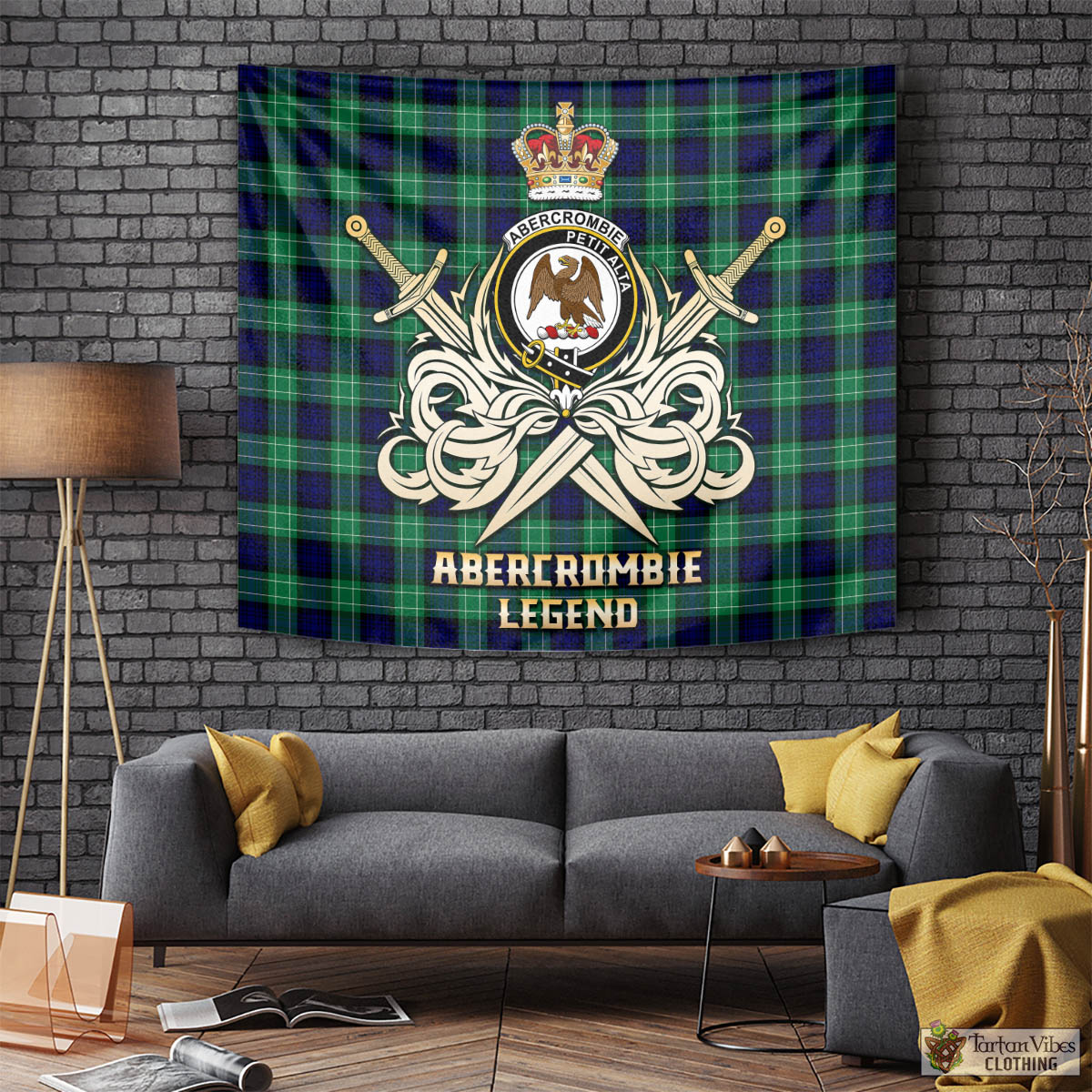 Tartan Vibes Clothing Abercrombie Tartan Tapestry with Clan Crest and the Golden Sword of Courageous Legacy