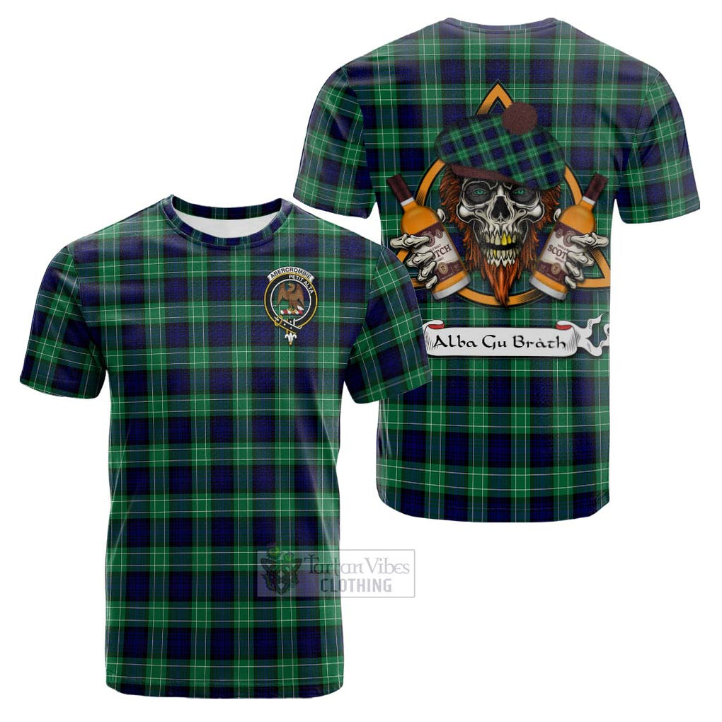 Tartan Vibes Clothing Abercrombie Tartan Cotton T-shirt with Family Crest and Bearded Skull Holding Bottles of Whiskey