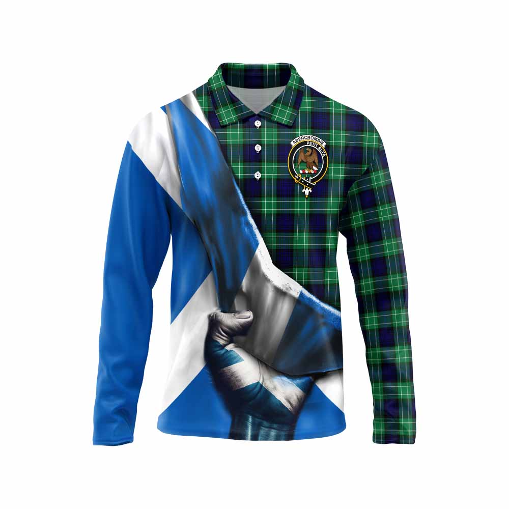 Tartan Vibes Clothing Abercrombie Tartan Long Sleeve Polo Shirt with Family Crest Scotland Patriotic Style