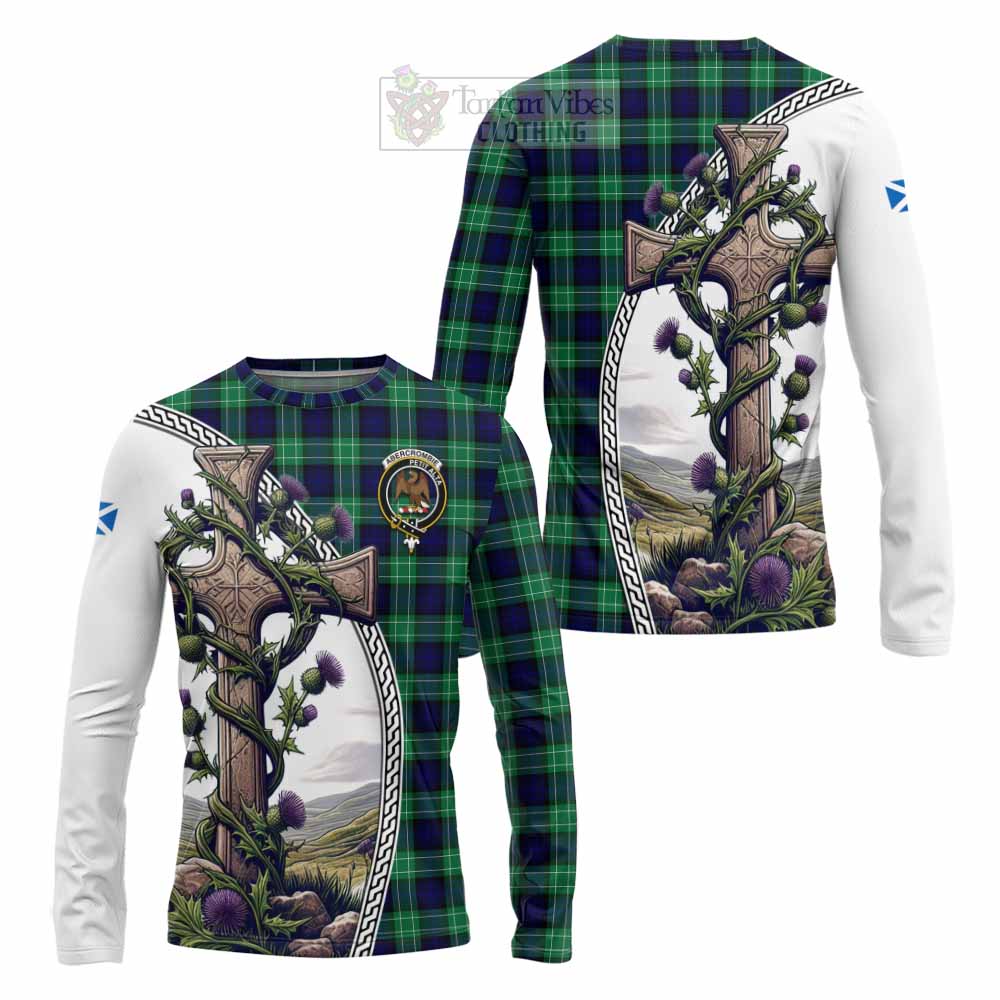 Tartan Vibes Clothing Abercrombie Tartan Long Sleeve T-Shirt with Family Crest and St. Andrew's Cross Accented by Thistle Vines