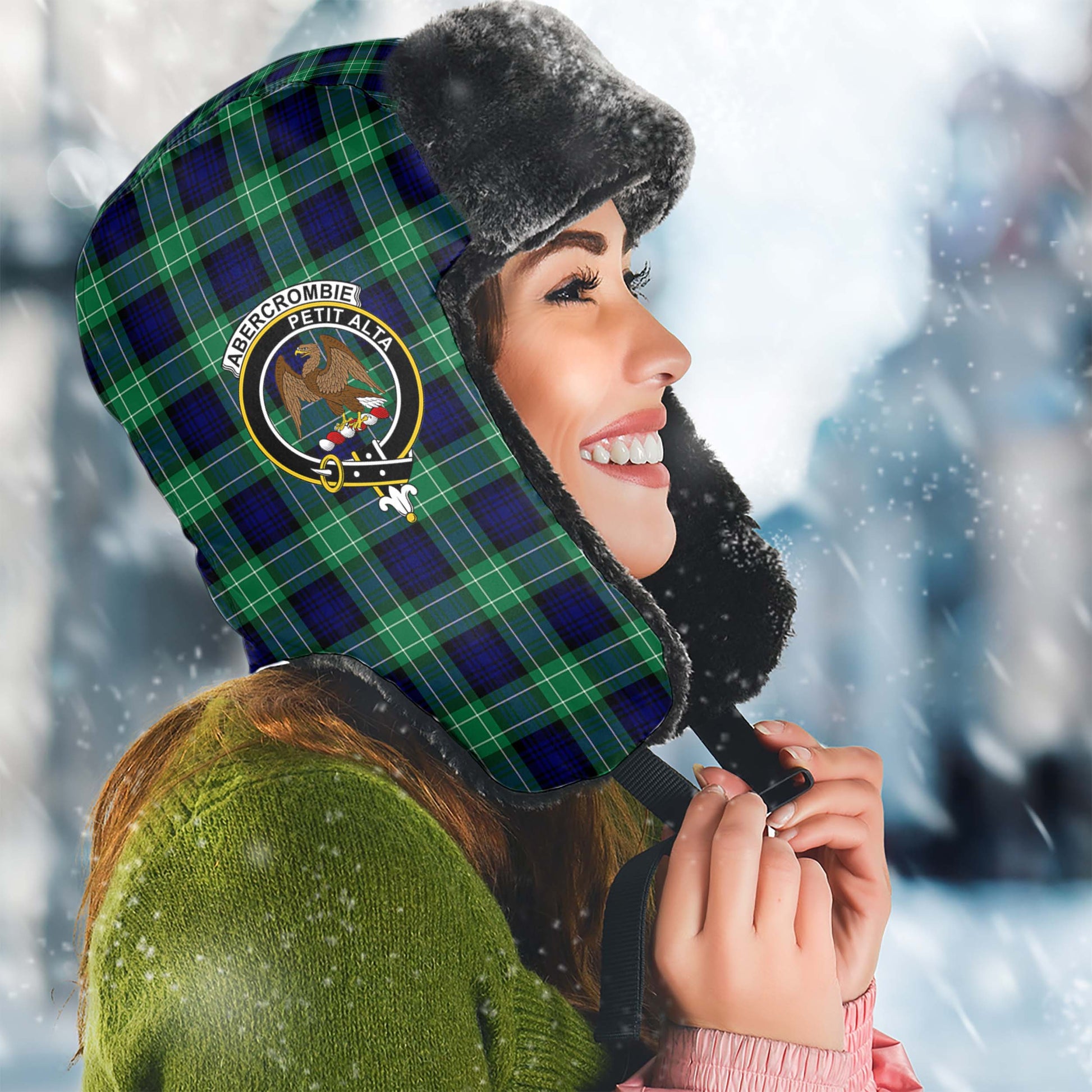 Abercrombie Tartan Winter Trapper Hat with Family Crest Winter Trapper Hat Universal Fit Circumference 22.8in (58cm) - Tartanvibesclothing