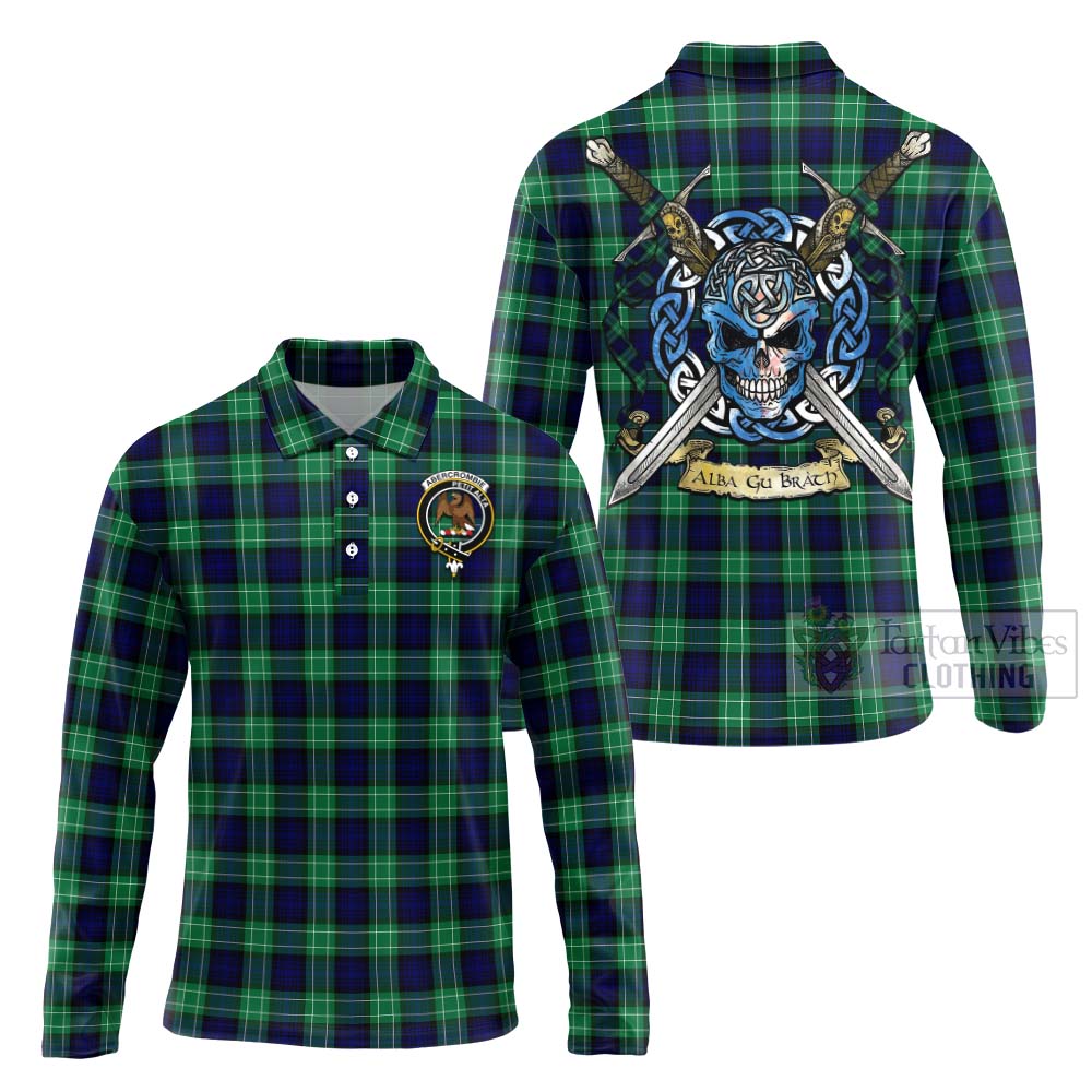 Tartan Vibes Clothing Abercrombie Tartan Long Sleeve Polo Shirt with Family Crest Celtic Skull Style