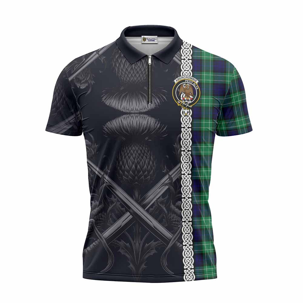 Tartan Vibes Clothing Abercrombie Tartan Zipper Polo Shirt with Family Crest Cross Sword Thistle Celtic Vibes