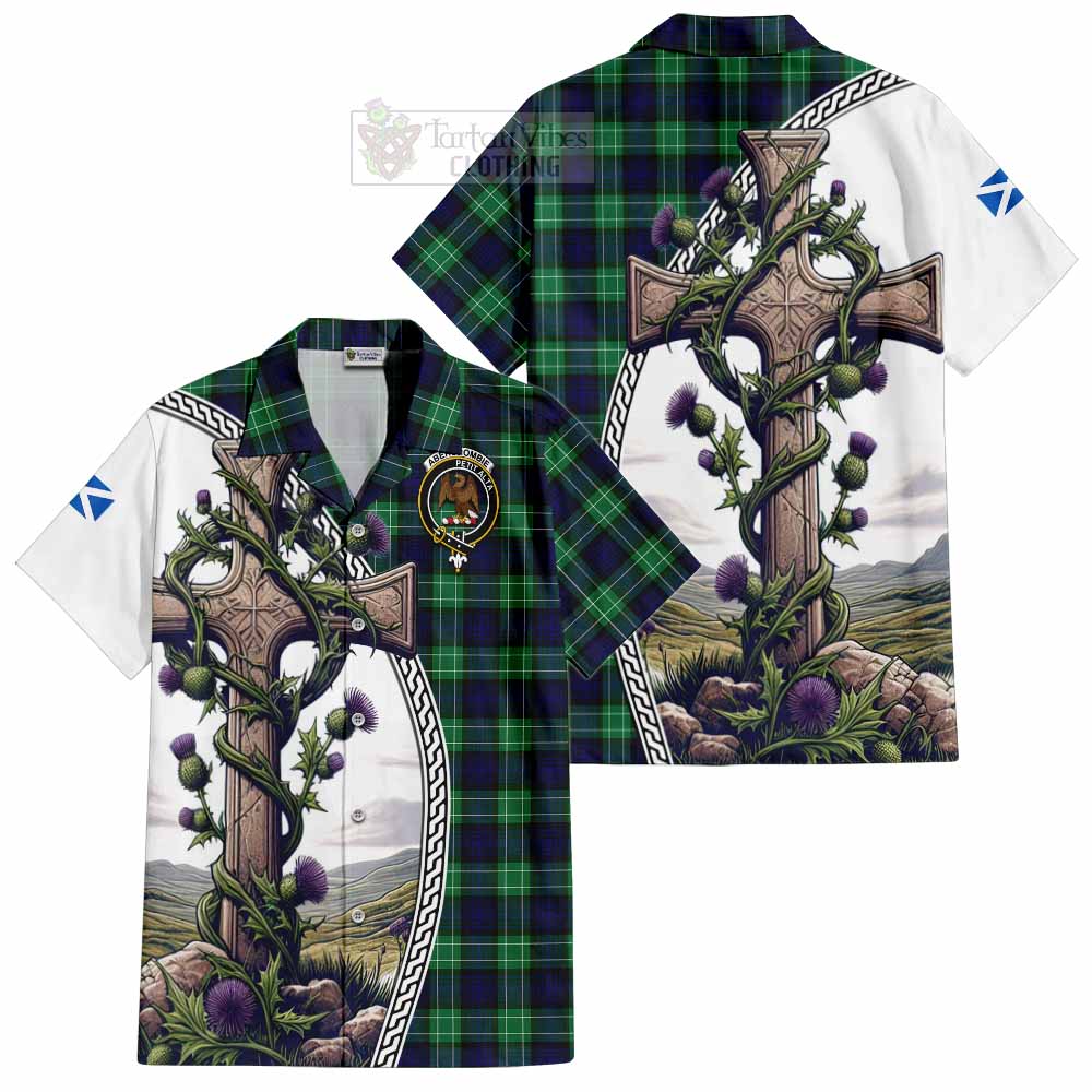 Tartan Vibes Clothing Abercrombie Tartan Short Sleeve Button Shirt with Family Crest and St. Andrew's Cross Accented by Thistle Vines