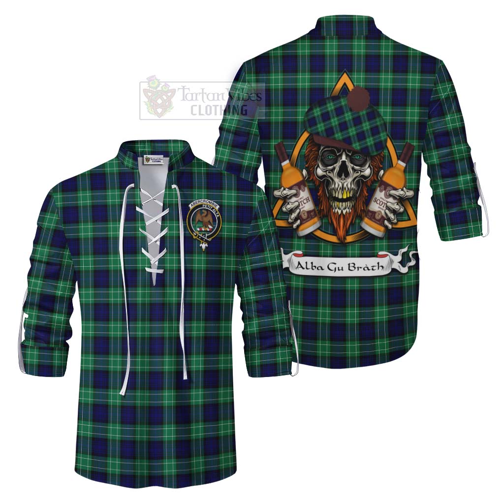 Tartan Vibes Clothing Abercrombie Tartan Ghillie Kilt Shirt with Family Crest and Bearded Skull Holding Bottles of Whiskey