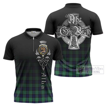 Abercrombie Tartan Zipper Polo Shirt Featuring Alba Gu Brath Family Crest Celtic Inspired