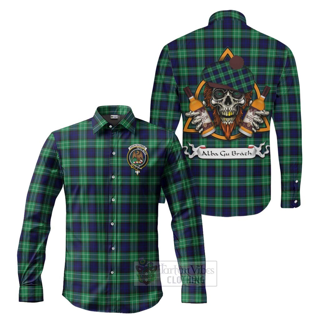 Tartan Vibes Clothing Abercrombie Tartan Long Sleeve Button Shirt with Family Crest and Bearded Skull Holding Bottles of Whiskey