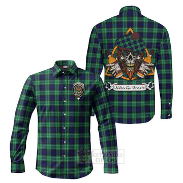 Abercrombie Tartan Long Sleeve Button Shirt with Family Crest and Bearded Skull Holding Bottles of Whiskey