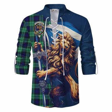 Abercrombie Tartan Family Crest Ghillie Kilt Shirt with Scottish Majestic Lion