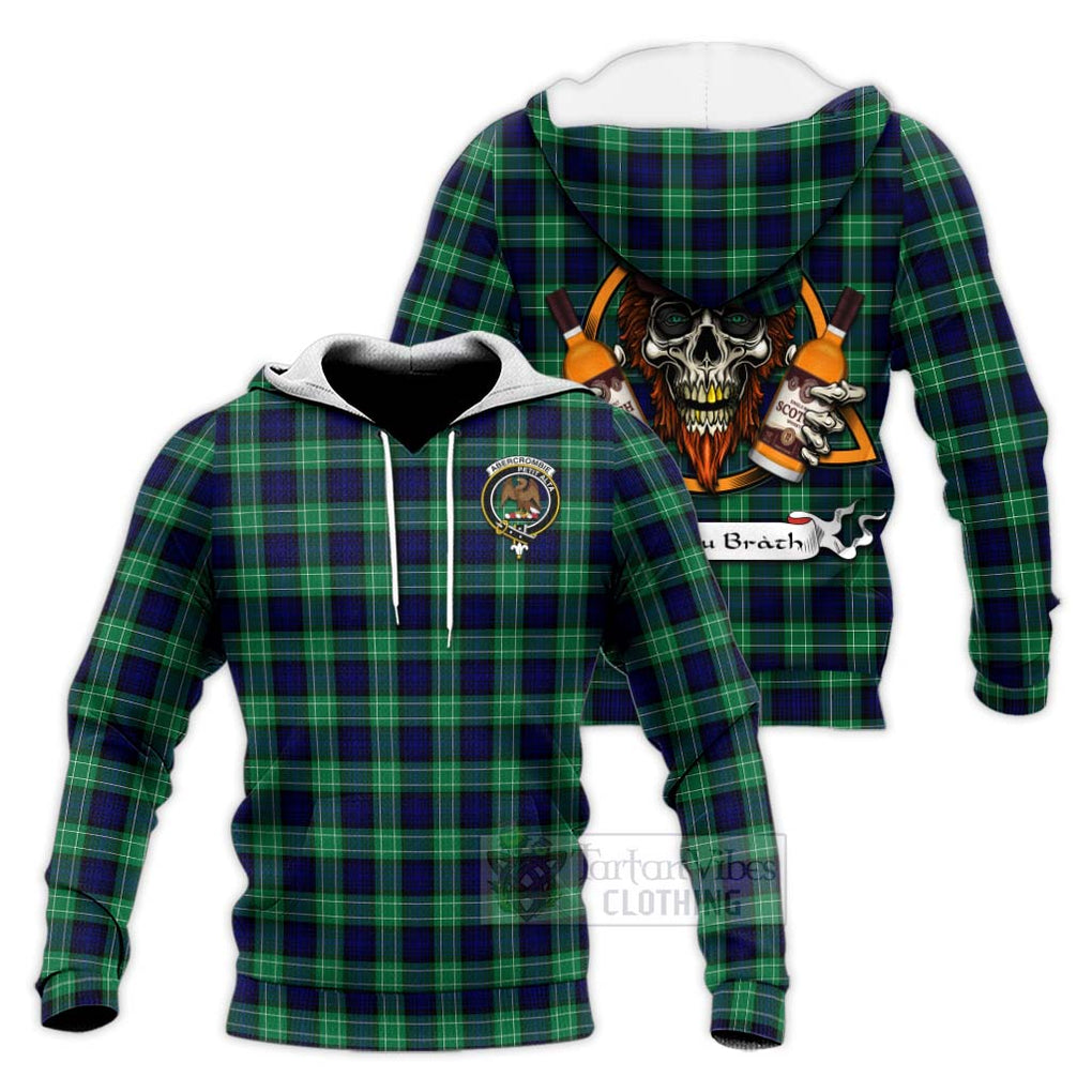 Tartan Vibes Clothing Abercrombie Tartan Knitted Hoodie with Family Crest and Bearded Skull Holding Bottles of Whiskey