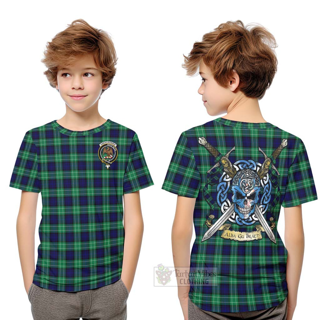 Tartan Vibes Clothing Abercrombie Tartan Kid T-Shirt with Family Crest Celtic Skull Style