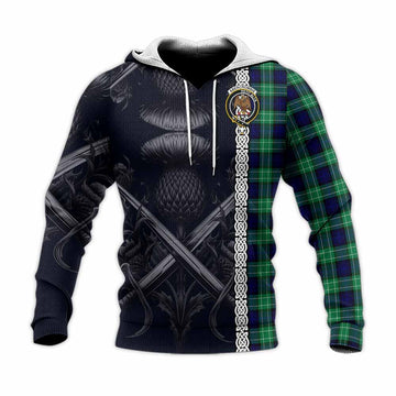 Abercrombie Tartan Knitted Hoodie with Family Crest Cross Sword Thistle Celtic Vibes