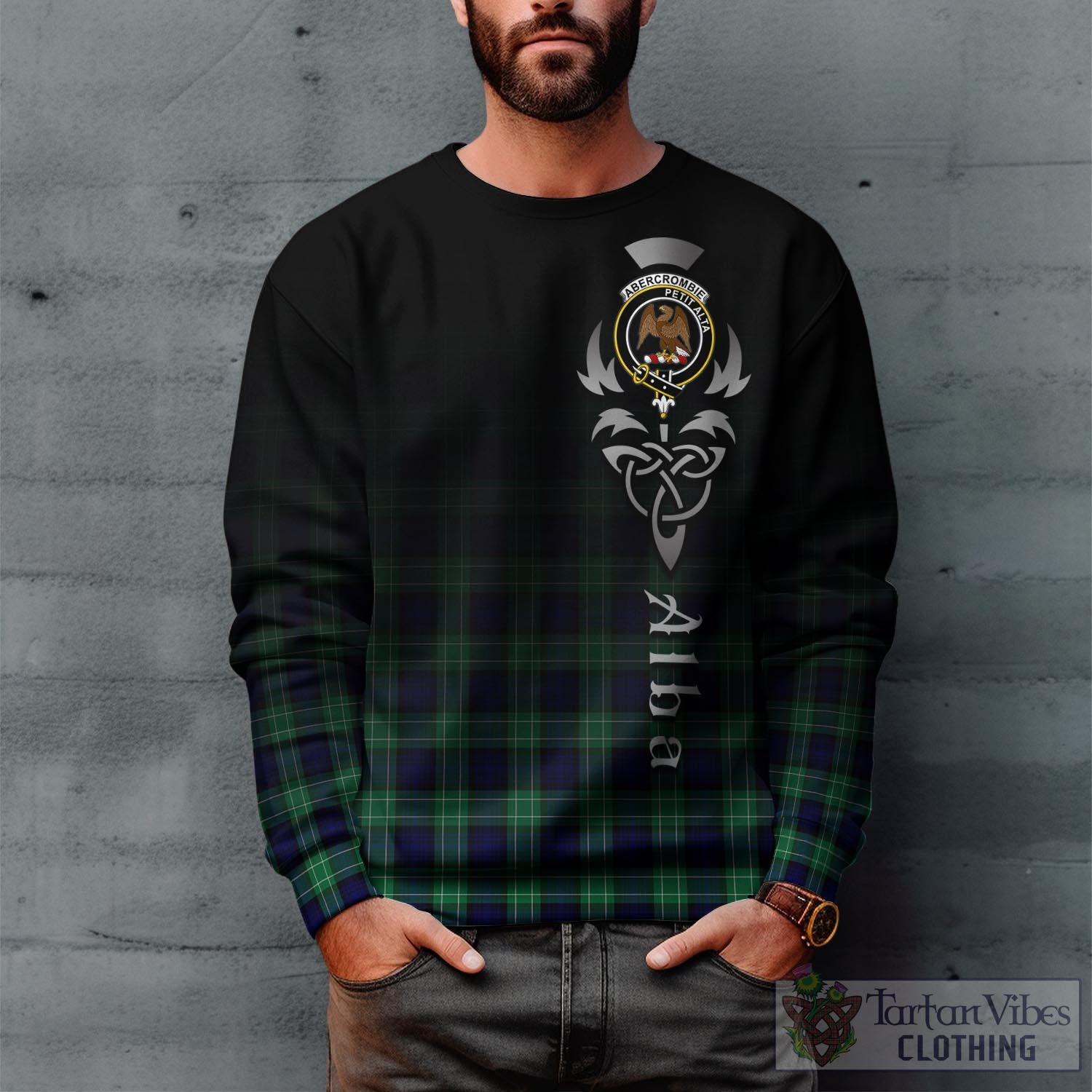 Tartan Vibes Clothing Abercrombie Tartan Sweatshirt Featuring Alba Gu Brath Family Crest Celtic Inspired