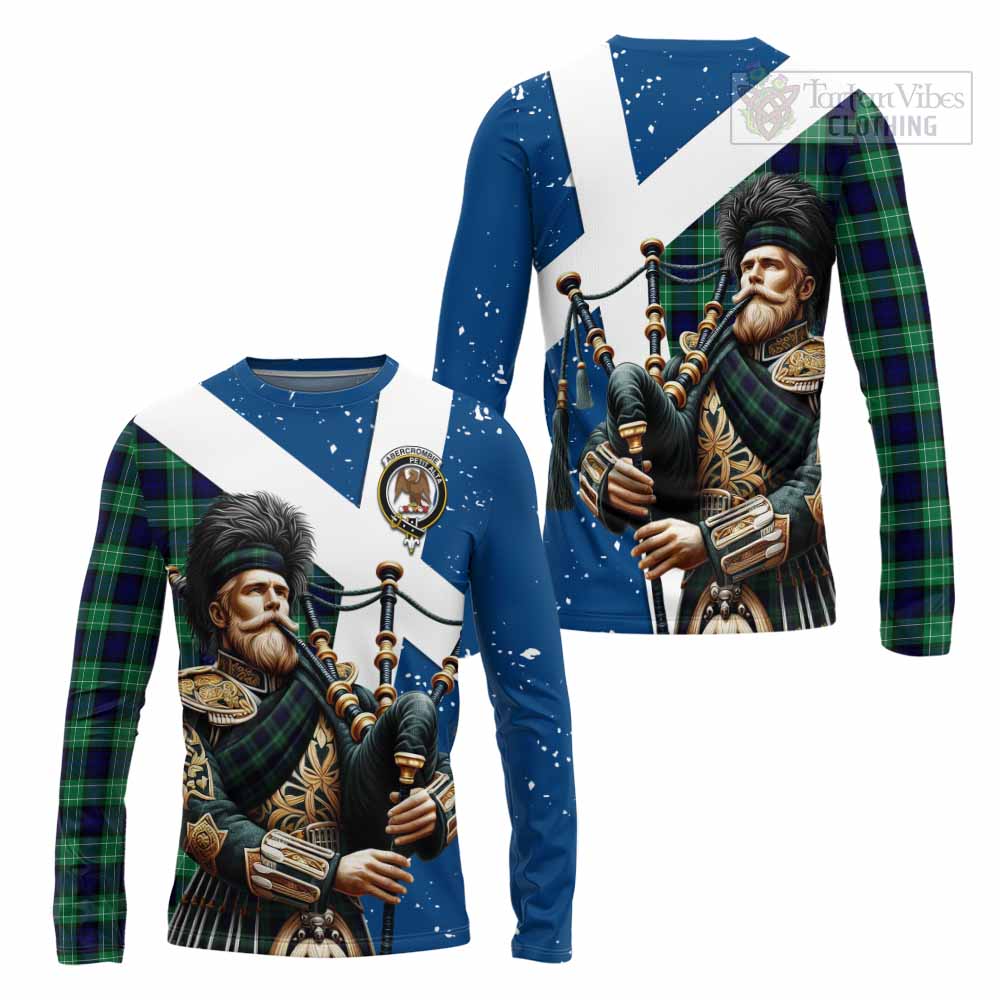 Tartan Vibes Clothing Abercrombie Tartan Long Sleeve T-Shirt with Family Crest Scottish Bagpiper Vibes