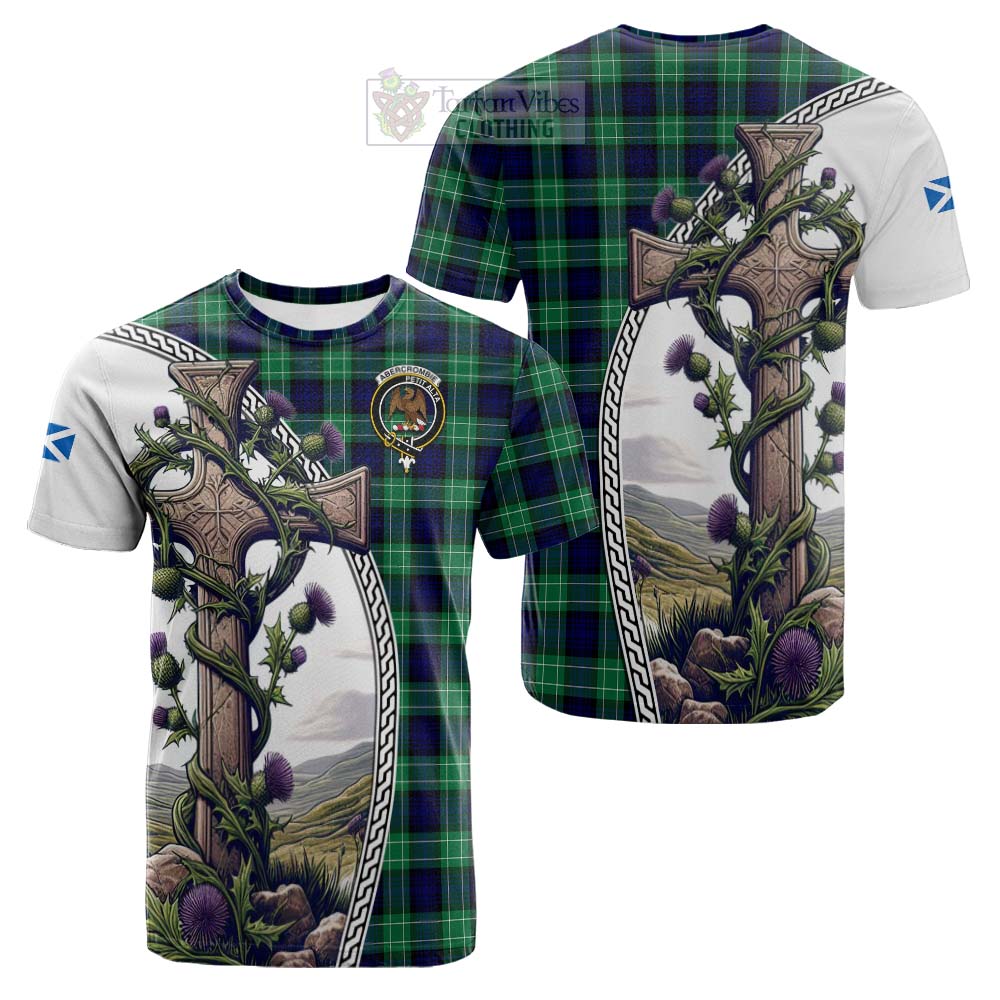 Tartan Vibes Clothing Abercrombie Tartan Cotton T-shirt with Family Crest and St. Andrew's Cross Accented by Thistle Vines