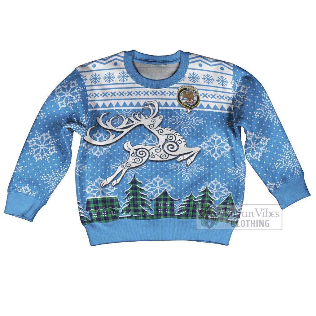 Tartan Vibes Clothing Abercrombie Clan Christmas Kid Ugly Sweater with Tartan and Celtic Raindeer Style