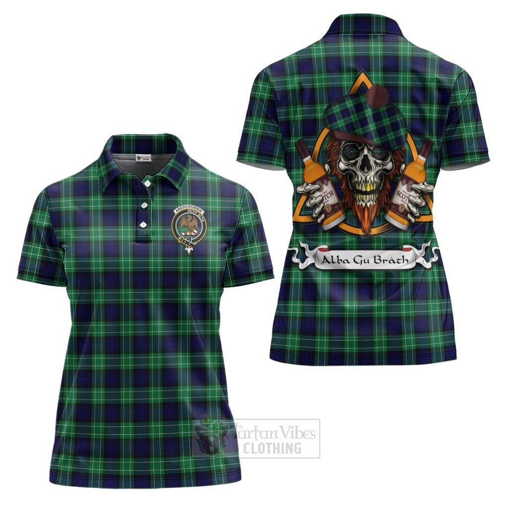 Tartan Vibes Clothing Abercrombie Tartan Women's Polo Shirt with Family Crest and Bearded Skull Holding Bottles of Whiskey