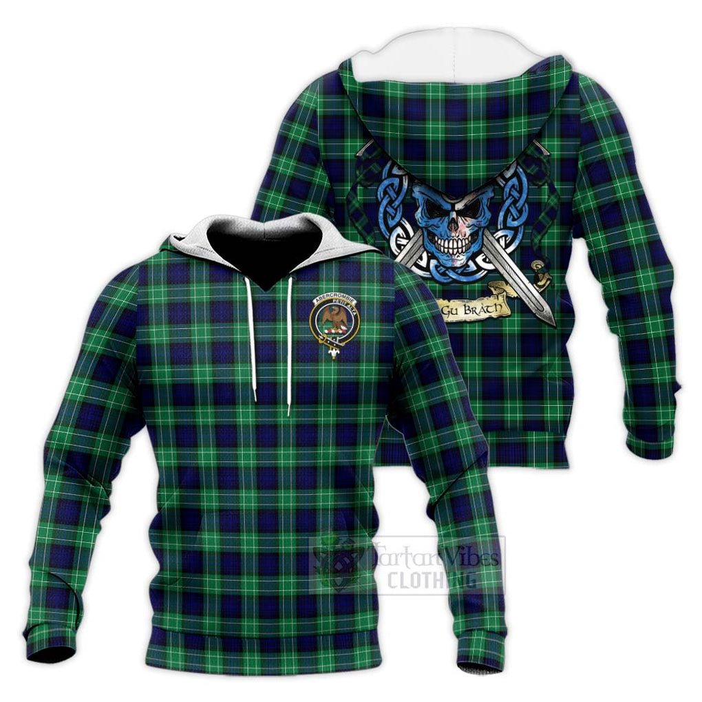 Tartan Vibes Clothing Abercrombie Tartan Knitted Hoodie with Family Crest Celtic Skull Style