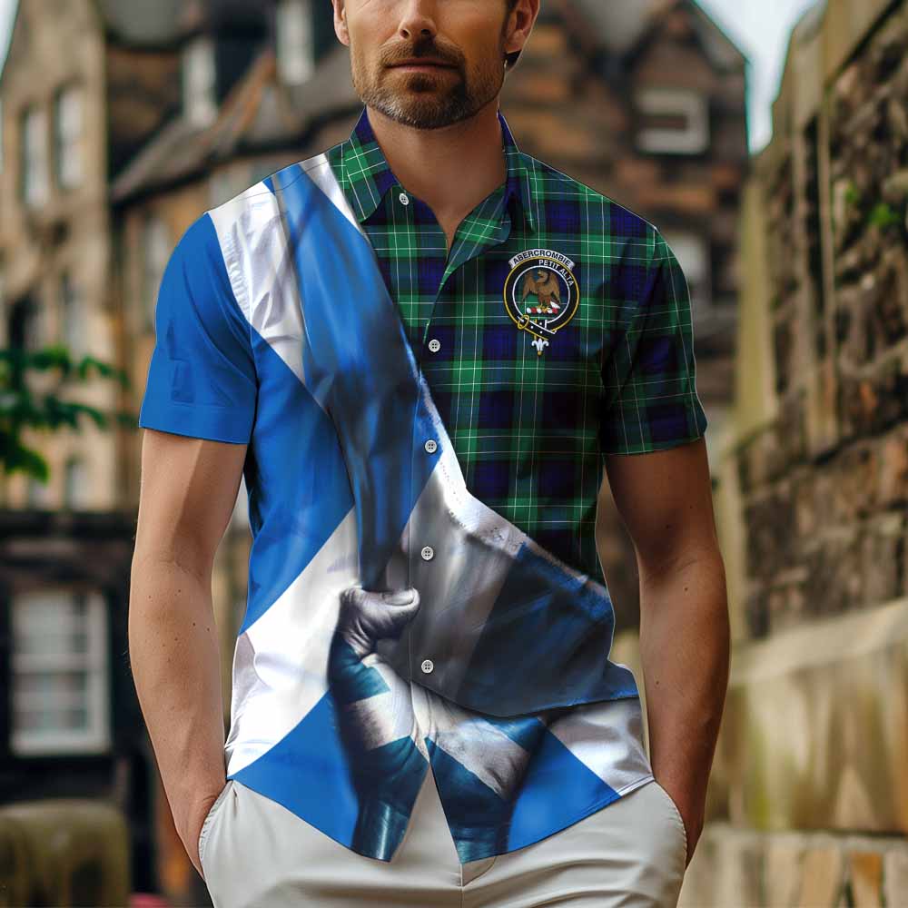 Tartan Vibes Clothing Abercrombie Tartan Short Sleeve Button Shirt with Family Crest Scotland Patriotic Style