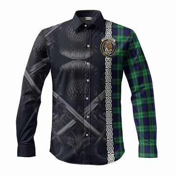 Abercrombie Tartan Long Sleeve Button Shirt with Family Crest Cross Sword Thistle Celtic Vibes