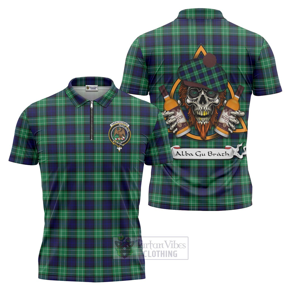 Tartan Vibes Clothing Abercrombie Tartan Zipper Polo Shirt with Family Crest and Bearded Skull Holding Bottles of Whiskey