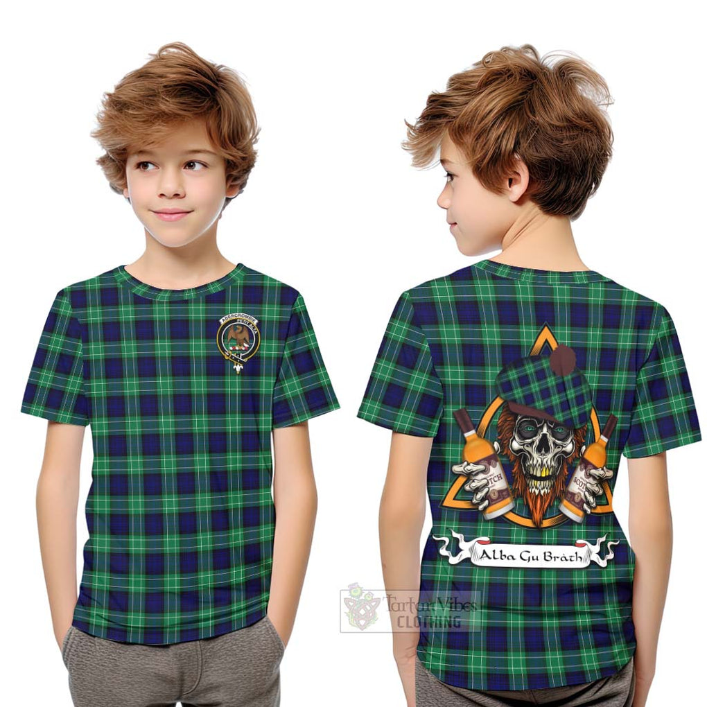 Tartan Vibes Clothing Abercrombie Tartan Kid T-Shirt with Family Crest and Bearded Skull Holding Bottles of Whiskey