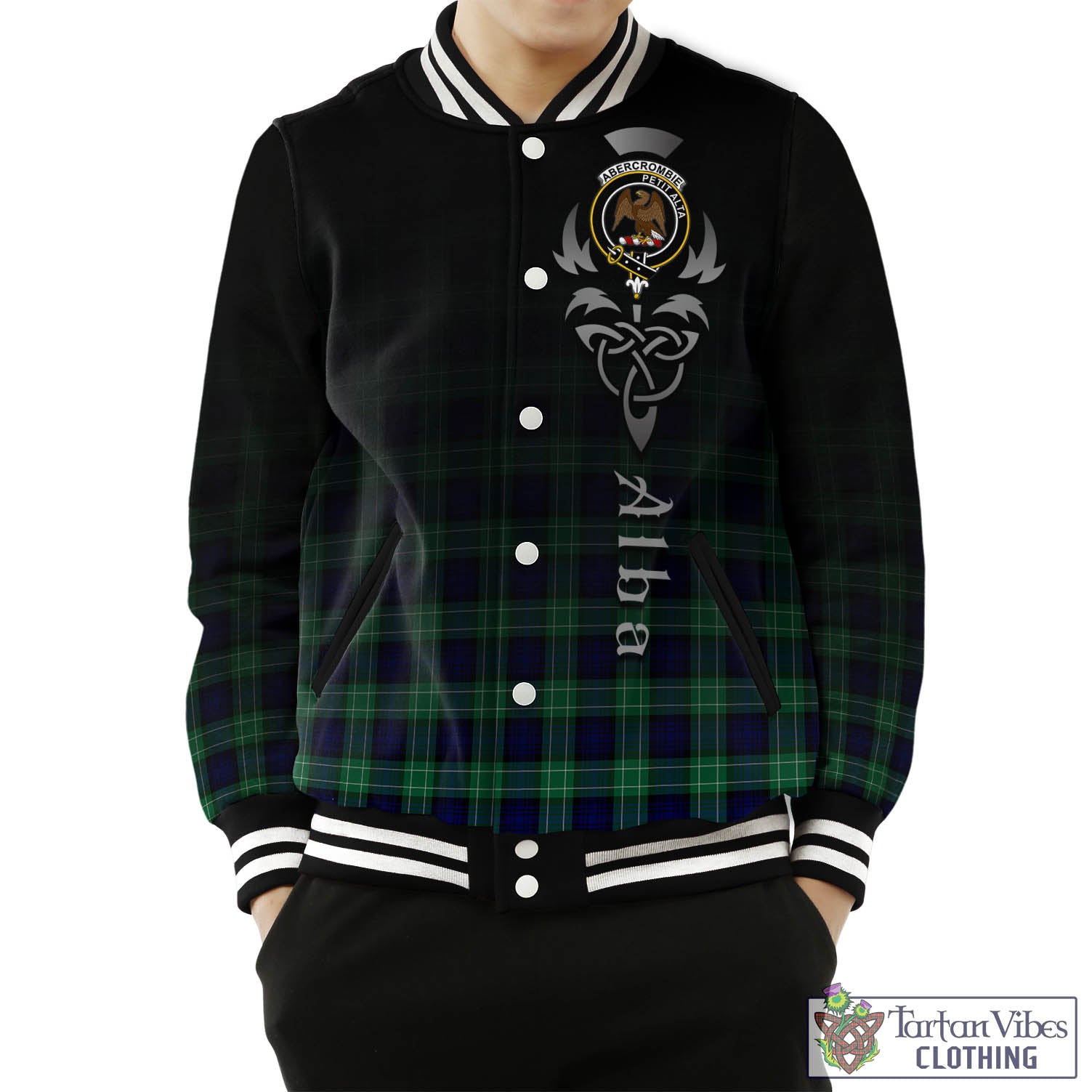 Tartan Vibes Clothing Abercrombie Tartan Baseball Jacket Featuring Alba Gu Brath Family Crest Celtic Inspired